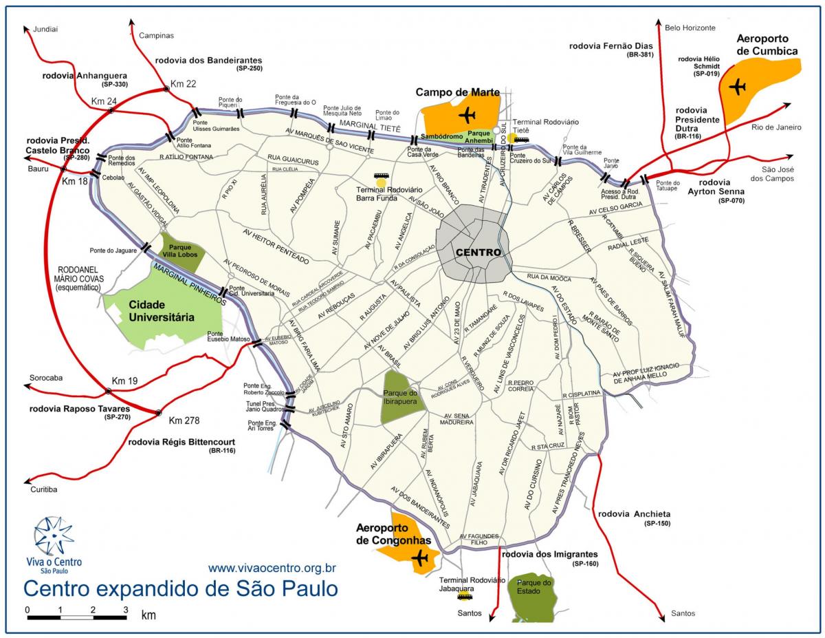 Kort af stórum miðju Sao Paulo