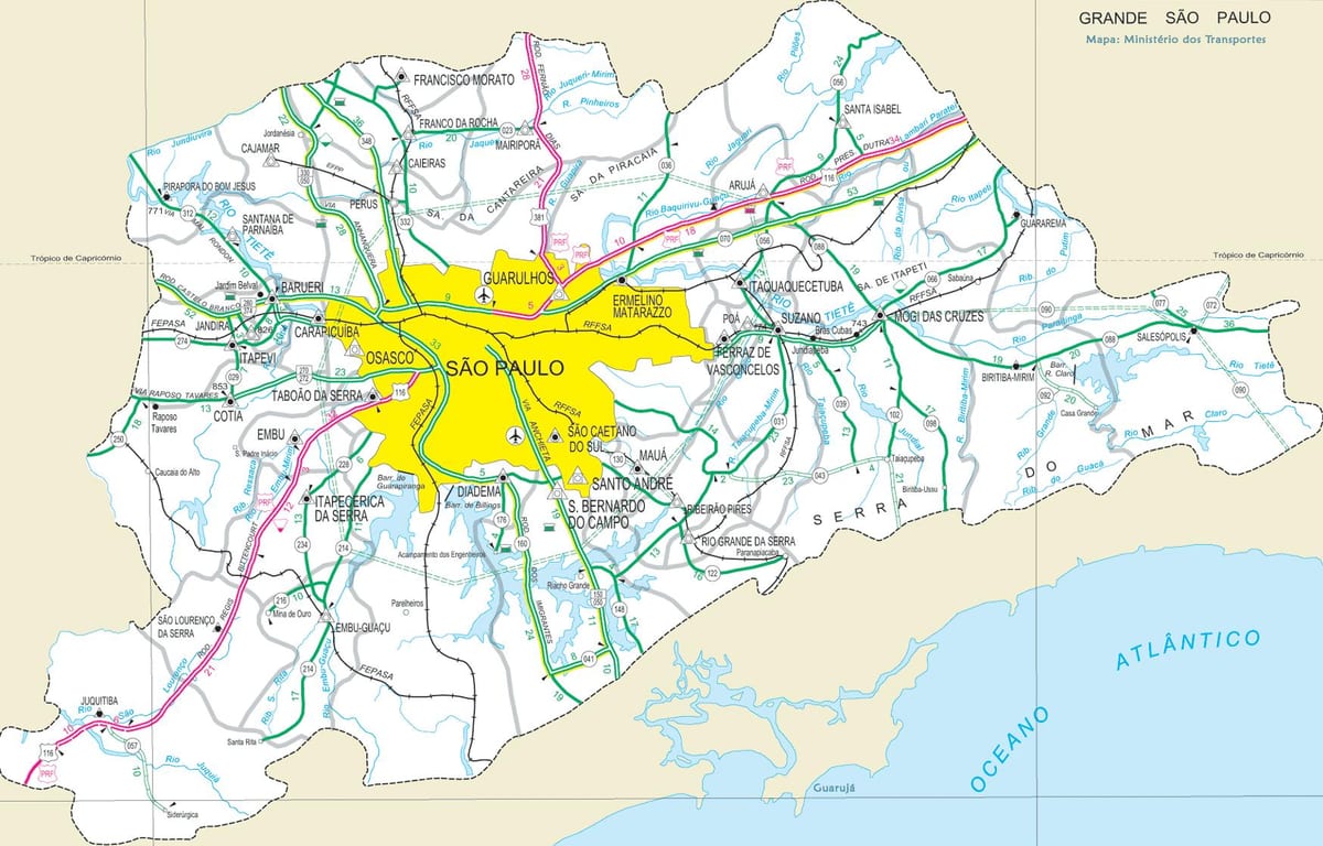 Kort af þjóðvegum útjaðri Sao Paulo