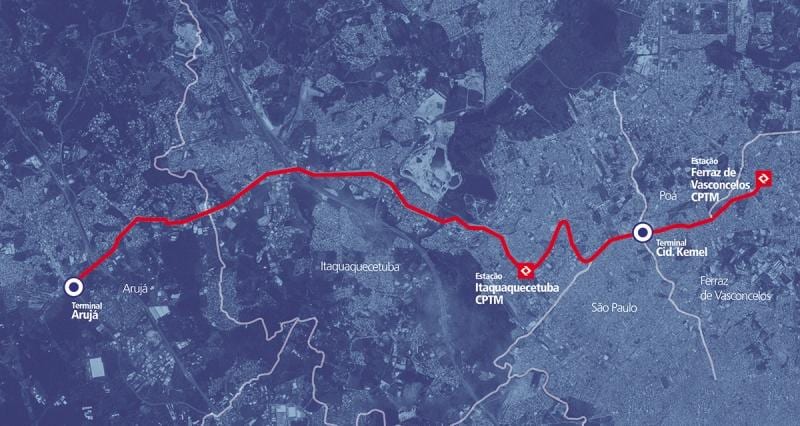 Kort af corredor BRT metropolitano Perimetral Alto Tietê