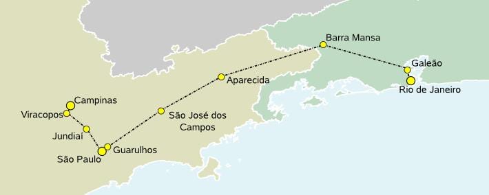Kort af hár-hraði lest Sao Paulo