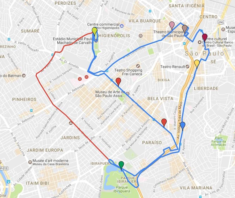 Kort af hringlaga turismo Sao Paulo - Línur