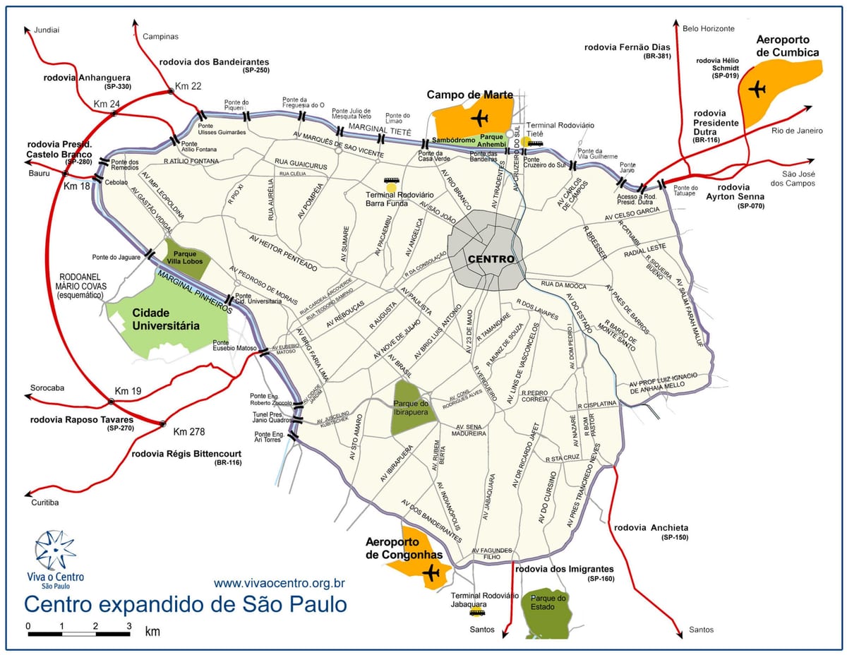 Kort af stórum miðju Sao Paulo